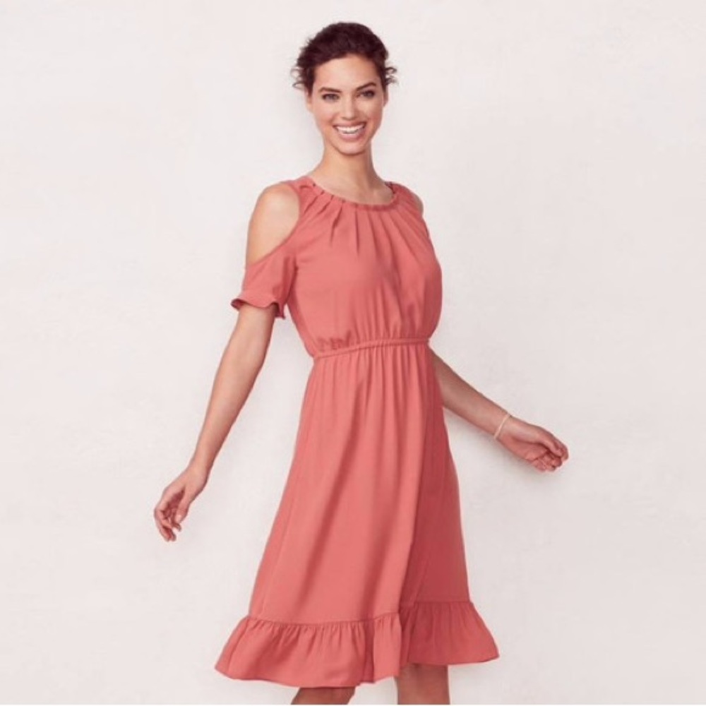 LAUREN CONRAD Blush Pink Dress Cold shoulder Sleeve w back bow tie Size M